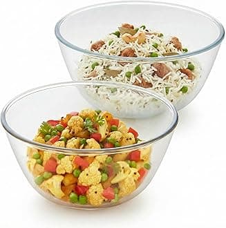 Borosil Glass Solid Mixing & Serving Bowls, Oven & Microwave Safe Bowls, Set of 2 (500 ml, 1.3 L), Borosilicate Glass, Clear