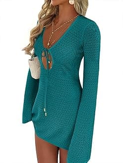 ANRABESS Swimsuit Cover Up for Women Crochet Bathing Suit 2026 Summer Swimwear V Neck Mesh Knit Dress Beach Vacation Clothes