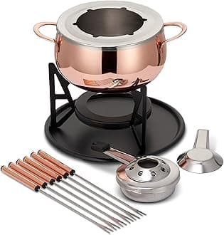 Oak & Steel - Stainless Steel Rose Gold Fondue Gift Set for Cheese, Chocolate, Meat Broth with Forks - 6 Person