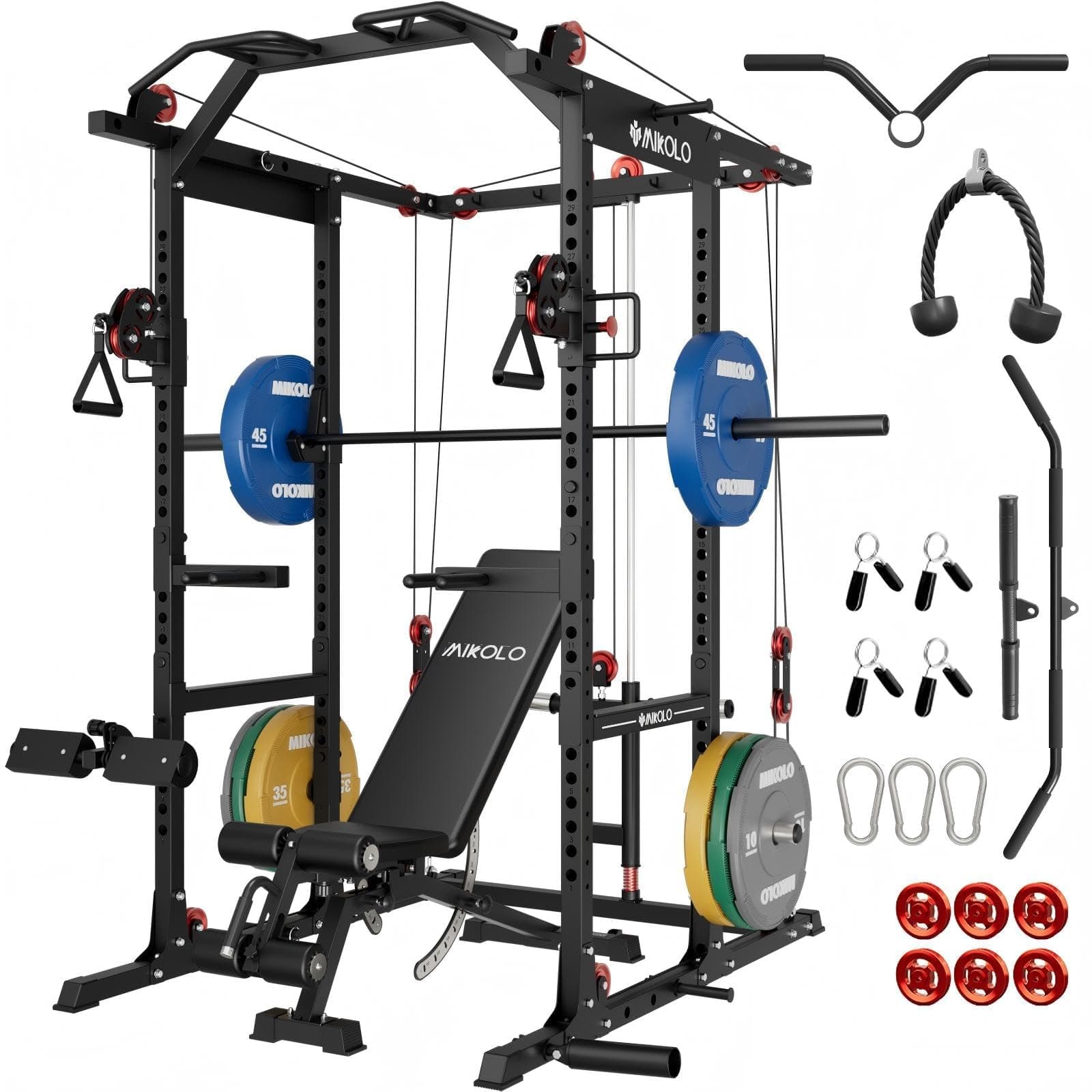 Mikolo K6 2.0 Power Cage, Power Rack with Cable Crossover System, 2000LBS Squat Rack with LAT Pull Down System, Functional Trainer with Aluminum Pulley System for Home Gym
