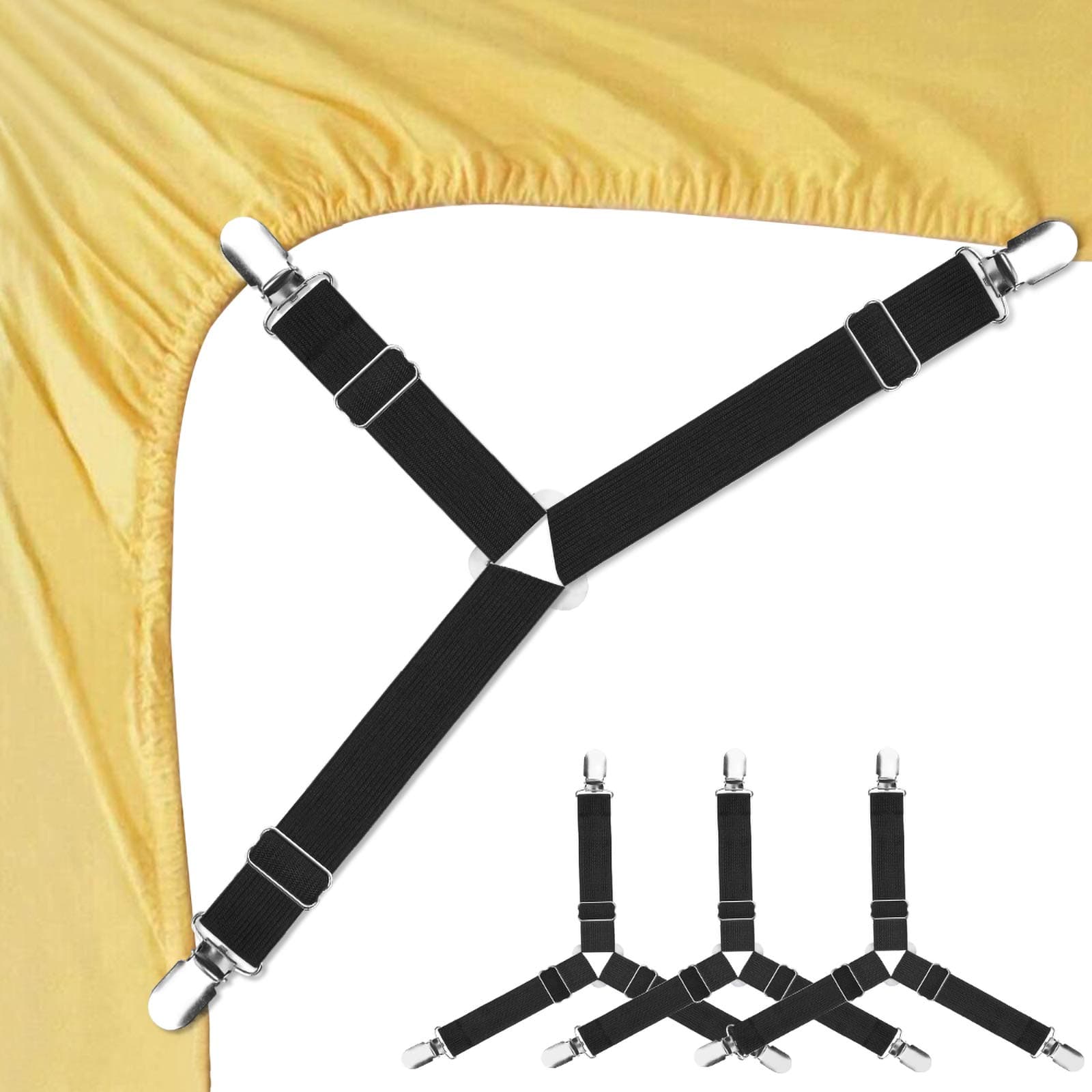 Foloda Bed Sheet Fasteners, 4 PCS Adjustable Triangle Elastic Suspenders Gripper Holder Straps Clip for Bed Sheets,Mattress Covers, Sofa Cushion (4 Pack-Short)