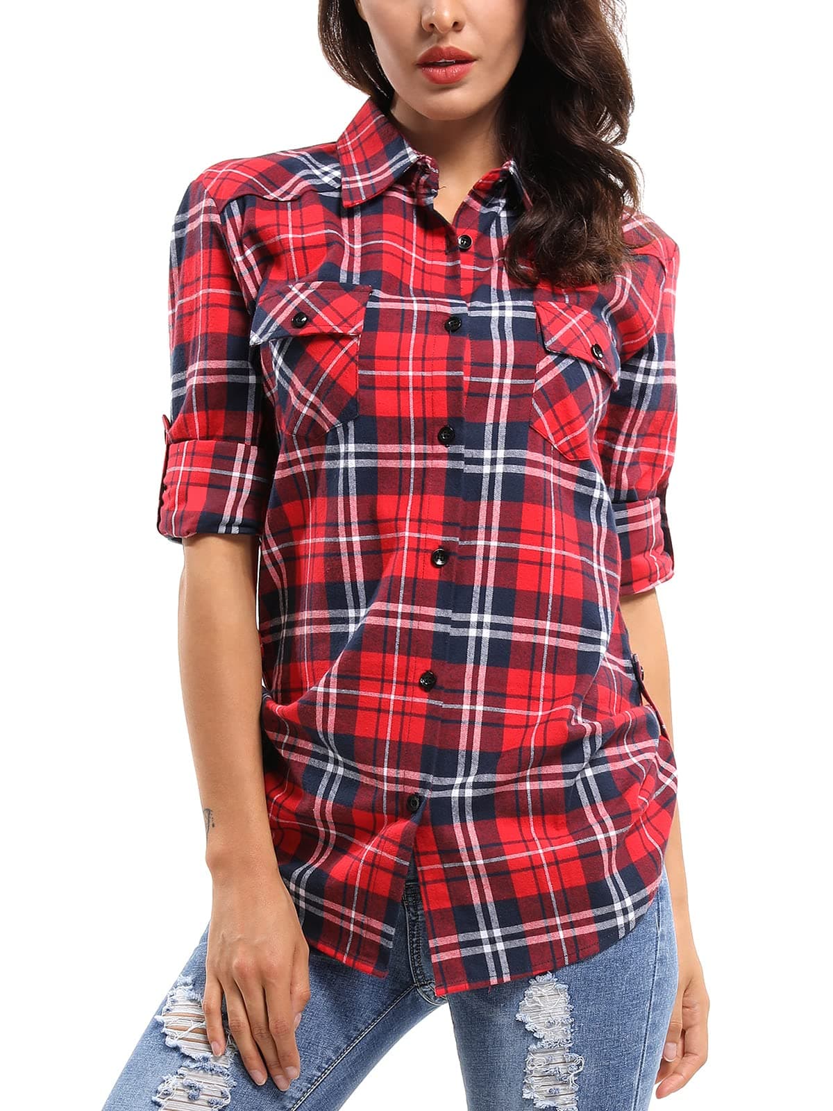 Women's Roll Up Sleeve Button Down Plaid Flannel Shirt Fall Casual Tops D001 Classic Red S
