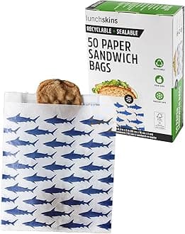 Recyclable & Sealable Food Storage Sandwich Bags, Shark Design, 50 Bags - Eco-Friendly, Made Without PFAS and BPA