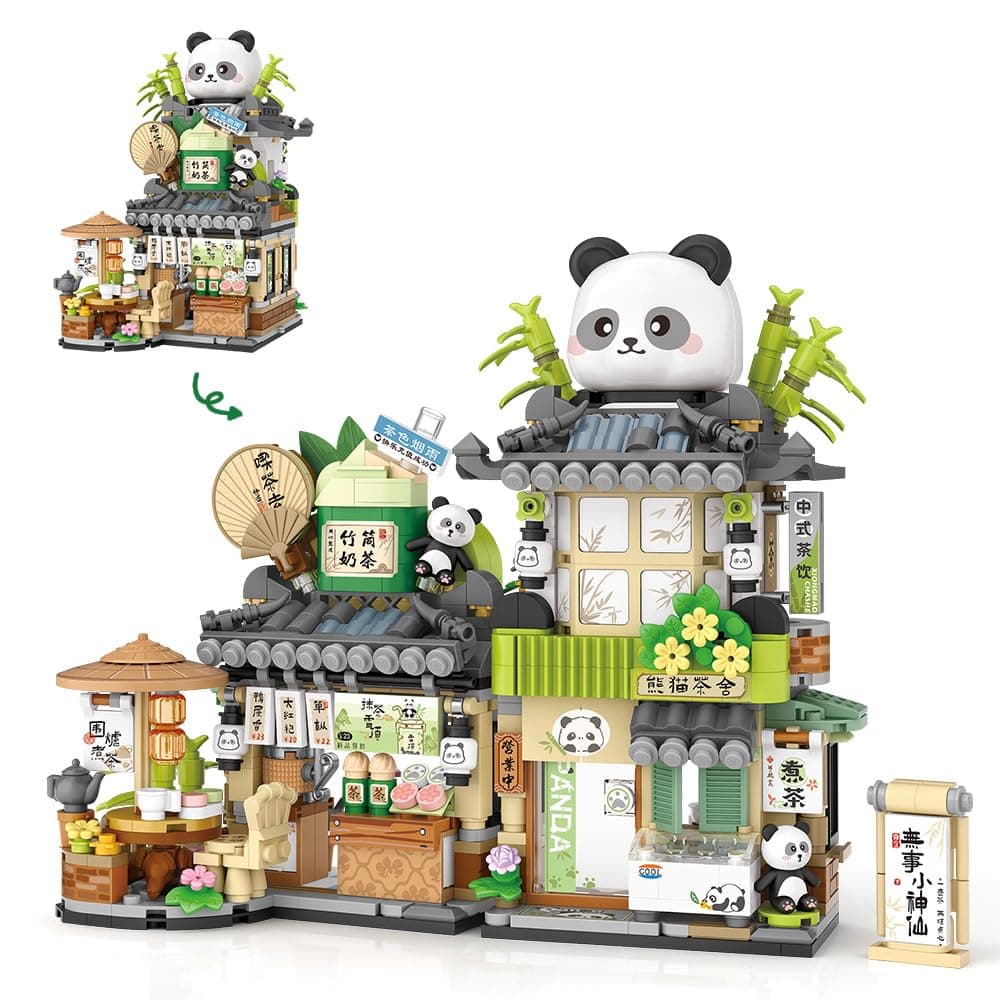 MindBox City Tea House Building Blocks Set, Openable Panda Construction Tea Shop Building Toys for Boys Girls Age 8+, 860pcs Mini Bricks