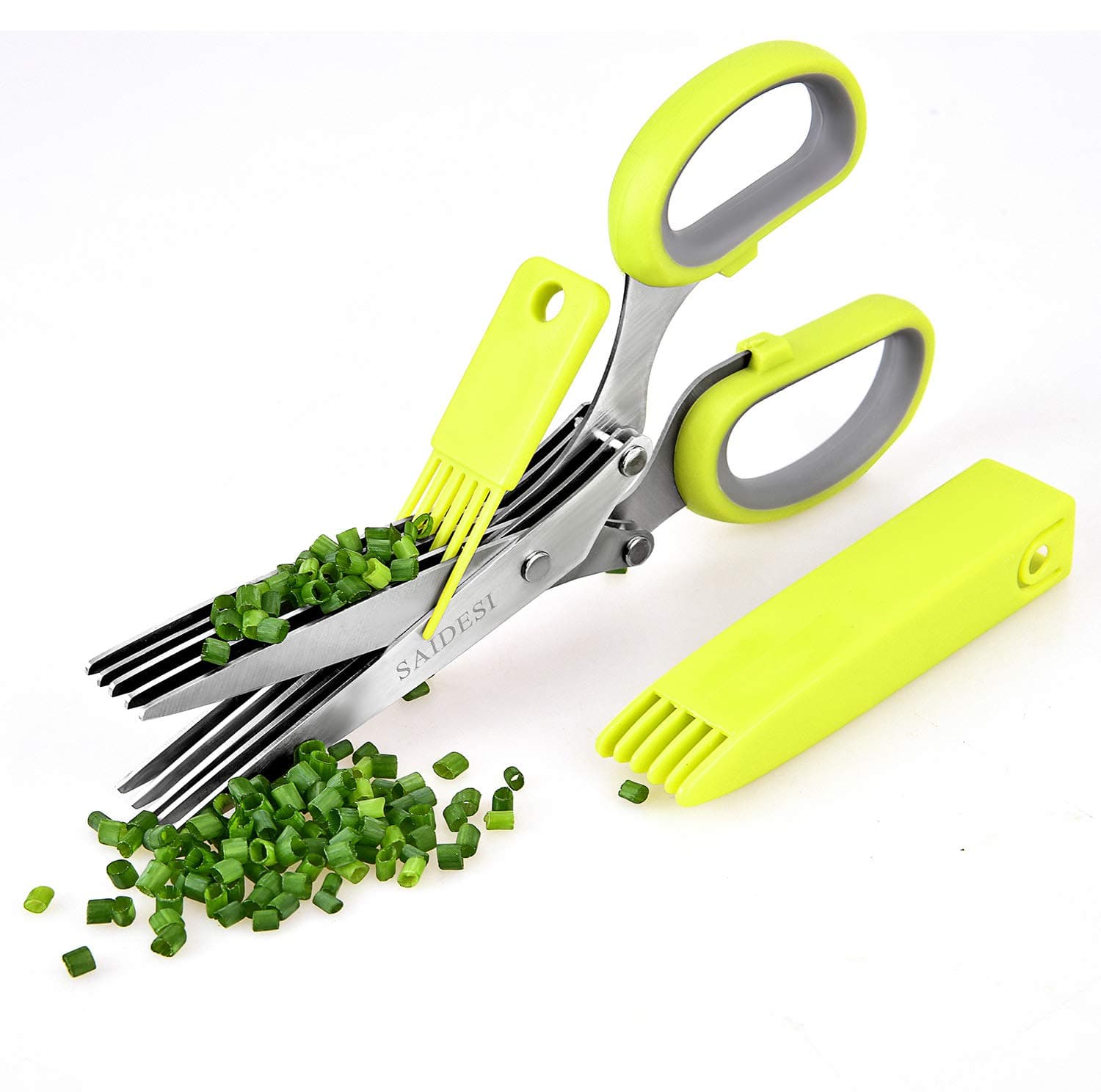 SAIDESI Kitchen Herb Scissors - Multi-function cutting clip with 5 stainless steel blades with cleaning comb and safety cover for processing herbs