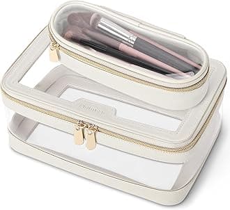 Travel Clear Makeup Bag with Makeup Brush Bag, Leather Makeup Case Toiletry Bag, Portable Cosmetic Bag Case, Transparent Waterproof Cosmetic Organizer Storage Bag for Women, Off-White, L,