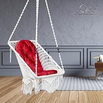 Swing/Swing for Balcony/Swing for Adults/Swing Chair for Adults for Home/Hammock Swing for Adults/Swing for Living Room/Swing for Outdoor Premium Rectangular Swing Chair with Red Large Cushion-White