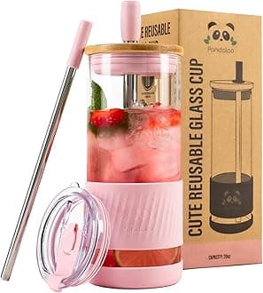 Glass Cups With Lids and Straws -20 Fl Oz- Perfect Size Iced Coffee Cup - Smoothie Cup With Bamboo Lid and On the go Lid - Glass Tumbler With Straw (1 Count (Pack of 1), Tender Pink)