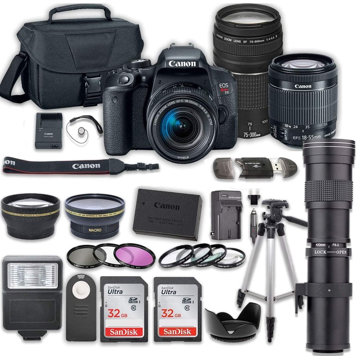 Canon EOS Rebel T7i DSLR Camera Bundle with Canon EF-S 18-55mm f/4-5.6 is STM Lens + 2pc SanDisk 32GB Memory Cards + Accessory Kit(w/ 3 Lens - 18-55 + 75-300 + 420-800)