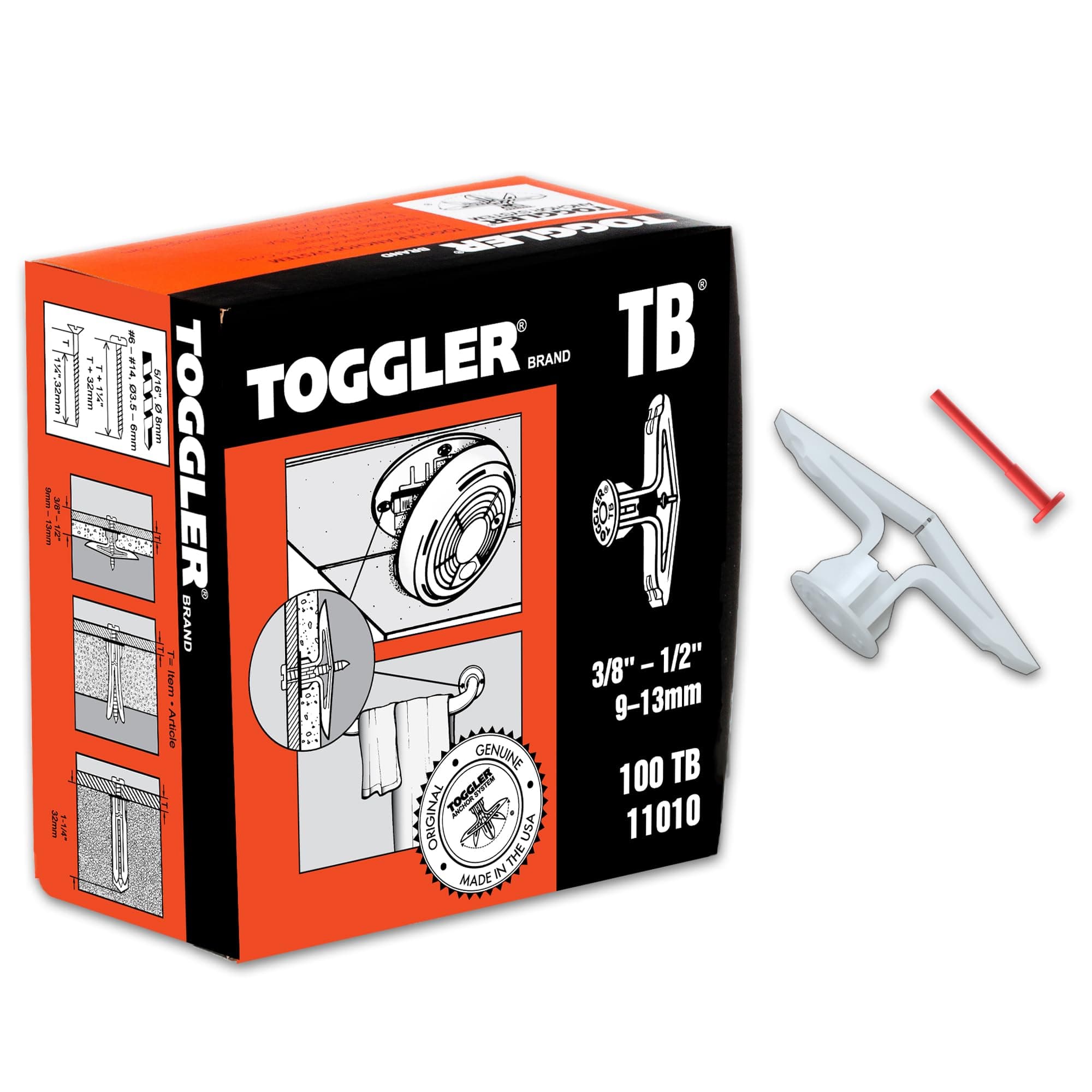 Toggle TB Residential Drywall Anchor, Polypropylene, Made in US, 3/8" to 1/2" Grip Range, for #6 to #14 Fastener Sizes (Pack of 100)