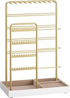 SONGMICS Jewellery Stand, Jewellery Organiser, Jewellery Display Stand, Metal Frame, Velvet Tray, Earring Bracelet Necklace Holder, for Studs, Rings, Gift Idea, Pale Gold JJS028A01