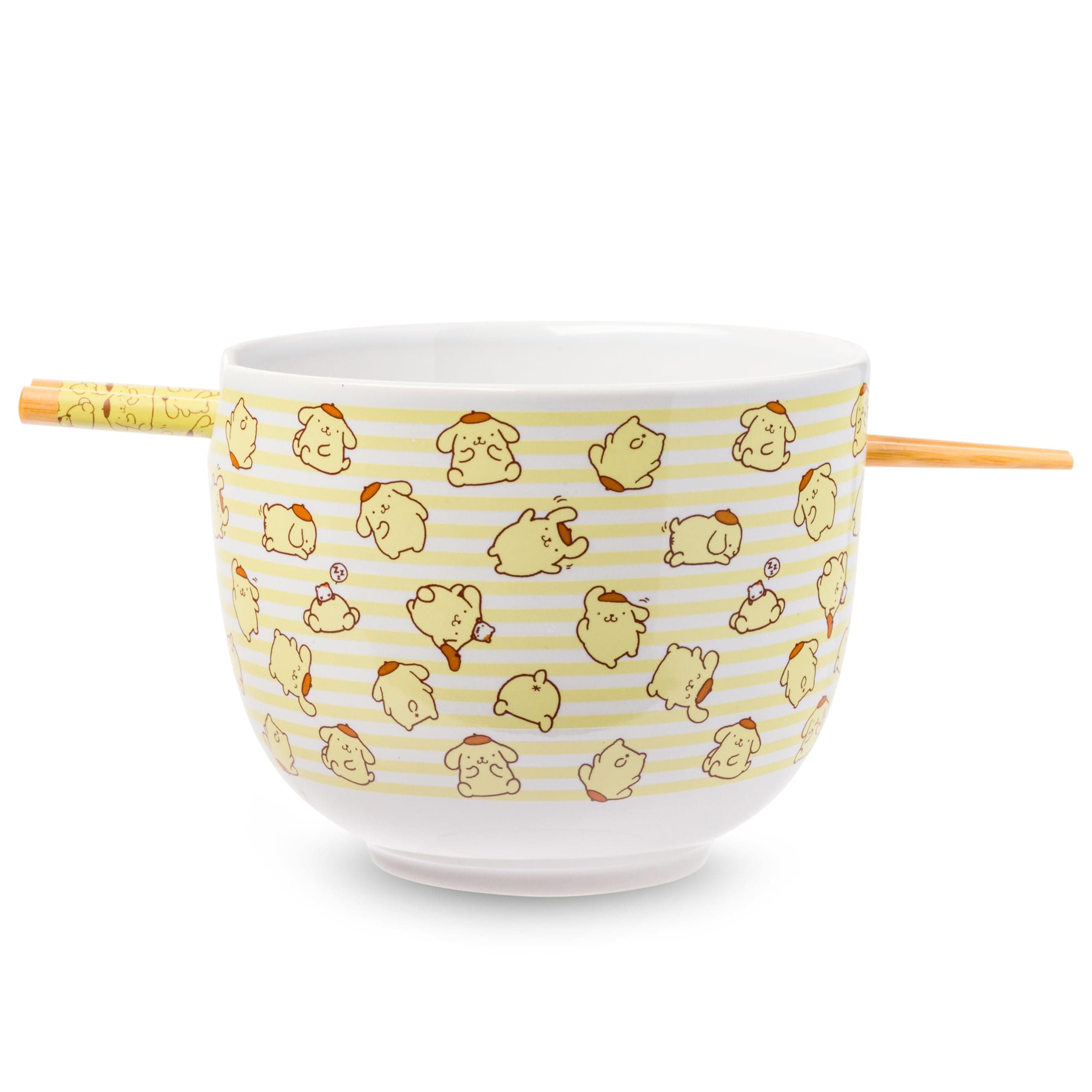 Sanrio Hello Kitty and Friends Pompompurin Pattern Ceramic Ramen Noodle Rice Bowl with Chopsticks, Microwave Safe, 20 Ounces