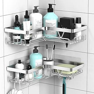 KEGII Corner Shower Caddy - Shower Organiser No Drilling Shower Shelf Adhesive Shower Storage Rack for Bathroom, Stainless Steel Silver