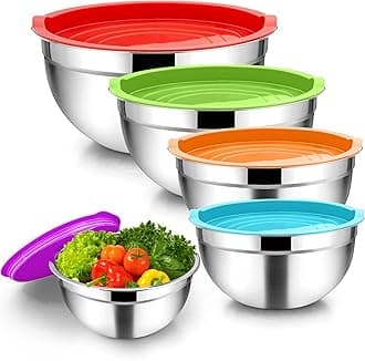 Homikit Stainless Steel Mixing Bowls with Airtight Lids, 5 Piece Nesting Salad Bowls for Space-Saving Storage, Metal Serving Bowl for Kitchen Baking/Cooking/Prepping, Size 0.7/1/1.5/2.6/4.6QT