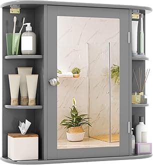 Tangkula Bathroom Wall Cabinet with Mirror, Modern Medicine Cabinet with Mirrored Door, 4 Internal Shelves & 6 Side Open Shelves, Wall Mounted Space-Saving Storage Organizer