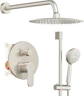 Gabrylly Shower System, High Pressure 12" Rain Shower Head with Handheld Shower, Wall Mounted Slide Bar Shower Faucet Set Complete, Shower Combo Set with Shower Valve,Brushed Nickel
