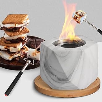 Tabletop Fire Pit with S'Mores Kit - Smokeless Firepit for Indoor & Outdoor - Table Top Fire Pit Bowl - Portable Mini Pit with Extendable Forks & Wooden Base - Geometric Grey Marble