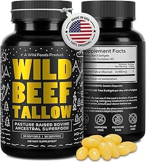 Wild Foods Grass-Fed Beef Tallow Capsules | 3,000mg Per Serving | Pure Ancestral Nutrition for Skin, Hormones, and Energy | Keto, Paleo & Carnivore Diet Approved | 30-Day Supply