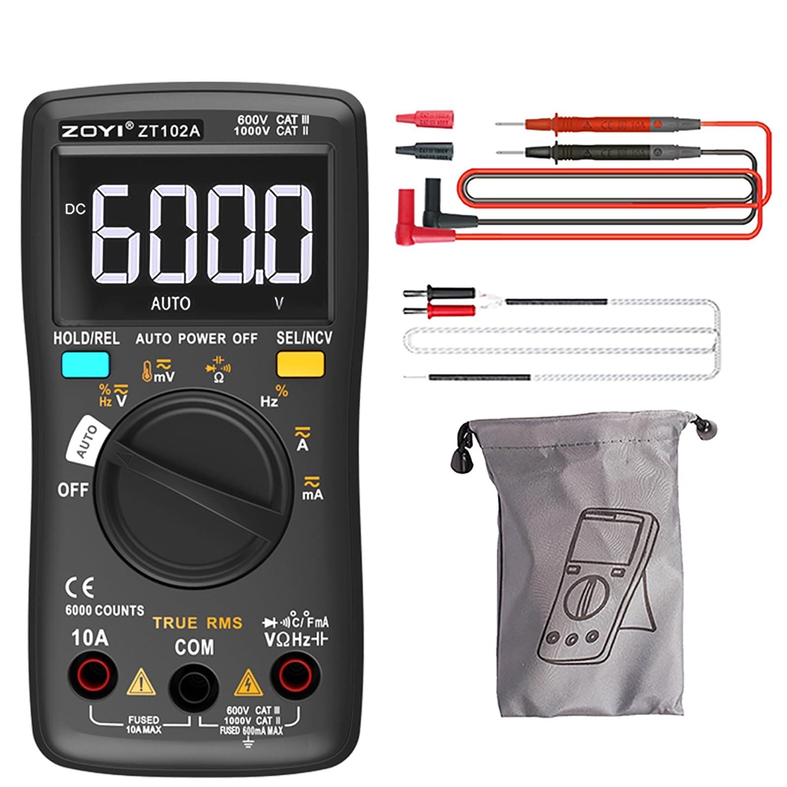 ZT-102A Digital Multimeter, 6000 Counts, True RMS, Dual-Mode Auto/Manual, AC 550V Protection, NCV, and Double Fuse Safety