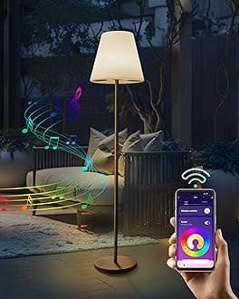 Outdoor Solar Floor Lamp with Bluetooth Speaker, APP Control Waterproof IP65 Outdoor Lamps for Patio, Cordless Floor Lamp with Dimmable 8 RGB LED for Lawn, Pool, Garden, Deck