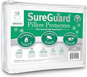 Set of 2 King Size SureGuard Pillow Protectors - 100% Waterproof, Bed Bug Proof, Hypoallergenic - Premium Zippered Cotton Covers - Smooth