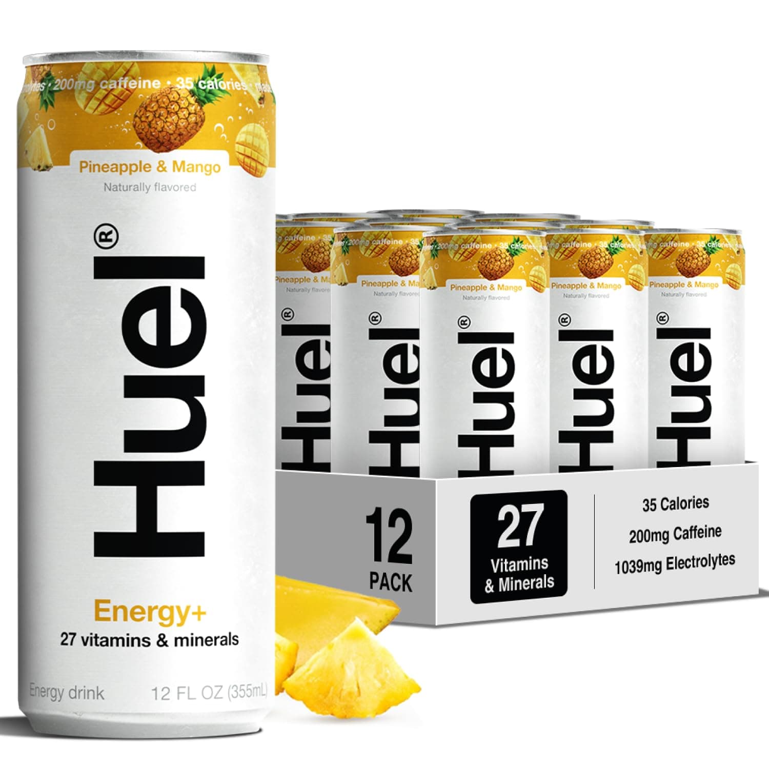 Huel Energy+ | Pineapple & Mango Energy Drink | Refreshing Plant-Based Drink with Real Fruit | 200mg of Caffeine and 27 Vitamins & Minerals | 35 Calories per 12 FL Oz, 12 Pack