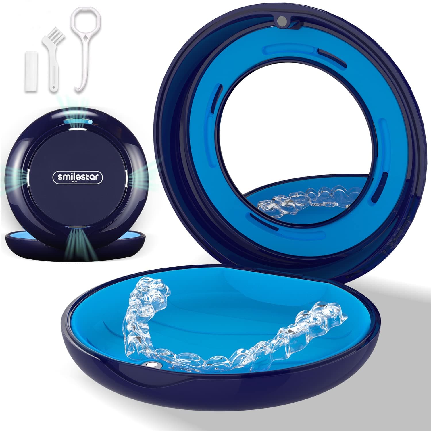 Retainer Case, Slim Aligner Case with Adjustable Vent Holes and Mirror, Compatible with Invisalign, Night Guard and Mouth Guard, Premium Retainer Case, With Aligner Remover Tool, Chew & Brush, Blue