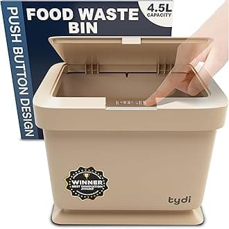 Tydi 4.5L Food Waste Bin with Press-Button Lid – Compost Bins for Kitchen - Anti-Slip Base and Secure Lid Kitchen Compost – Small Indoor Caddy for Cupboard or Countertop – Taupe