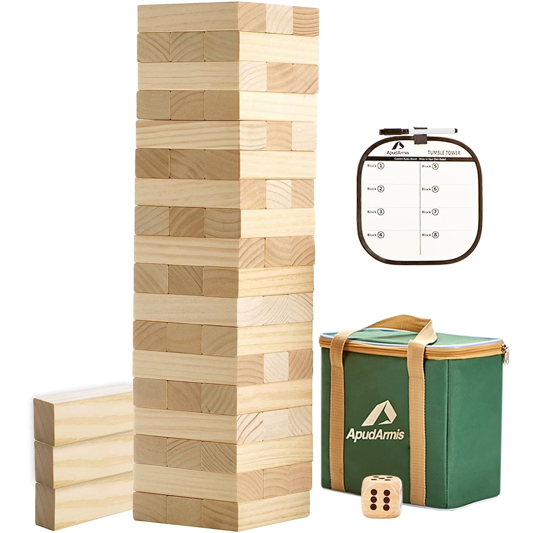 ApudArmis 54 PCS Tumble Timber Set [Up to 3.2FT], Pine Wooden Tumble Tower Game with Dice and Scoreboard Set - Classic Block Stacking Board Game for Teens Adults