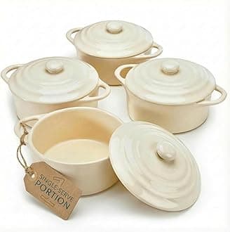 Kook Ceramic Mini Cocotte Set, Small Casserole Dishes with Lids and Handles, Individual Baking Ramekins, Oven, Microwave & Dishwasher Safe, Stoneware, 12 oz, Set of 4, Ivory