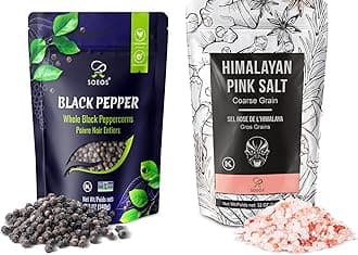 Soeos Whole Black Peppercorns 12oz + Himalayan Pink Salt 2lb, Salt and Pepper for Grinders, Black Peppercorn Refil, Pink Himalayan Sea Salt, 2 Piece Set