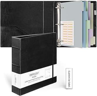 Ospelelf Vintage Hardcover 3 Ring 2 inch Leather Binder, Professional Binders Organizer Suitable for Letter Size, Binder Dividers with Tabs, Black