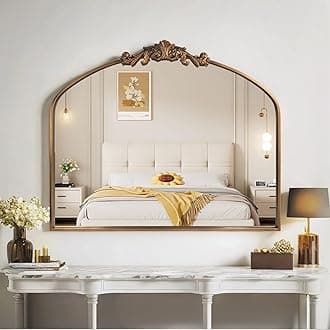 HQiJun Gold Wall Mirror, Large Arched Vintage Baroque Ornate Mirrors, Traditional Decorative Antique Brass Mirror for Entryway, Living Room, Bedroom, Bathroom Vanity, Fireplace Mantel(Gold,29"x36")
