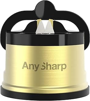 AnySharp Pro Metal Knife Sharpener, Hands-Free Safety, PowerGrip Suction, Sharpens All Kitchen Knives, Ideal for Hardened Steel & Serrated, World's Best, Compact, One Size, Brass, Metal