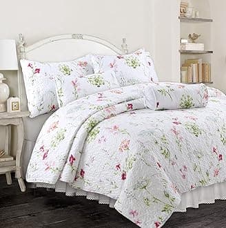 Cozy Line Home Fashions Light Pink Blue Flower Quilt Bedding Set, Coverlet, Bedspread (Carlotta Floral, Queen - 3 Piece)