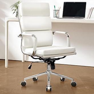 Office Desk Ergonomic Chair Leather Executive High-Back Modern Conference Comfy Adjustable Padded Swivel Rolling Home Vanity Chairs with Arms Wheels (White)