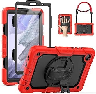SEYMAC Case for Samsung Galaxy Tab A7 Lite 8.7" (SM-T220/ T225/ T227), Heavy Duty Full-Body Shockproof Protective Case with Screen Protector, Rotating Stand, Hand/Shoulder Strap, Red