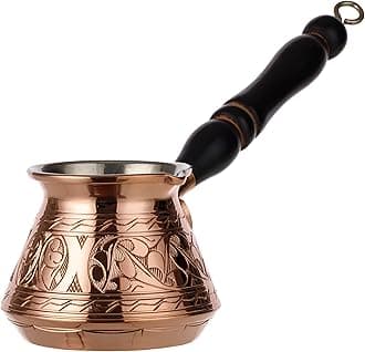 DEMMEX 2019-9 Oz Thick 2mm Copper Turkish Greek Arabic Engraved Coffee Pot Stovetop Coffee Maker Cezve Ibrik Briki with Wooden Handle & Wooden Pot Spoon, for 3 People (Copper)