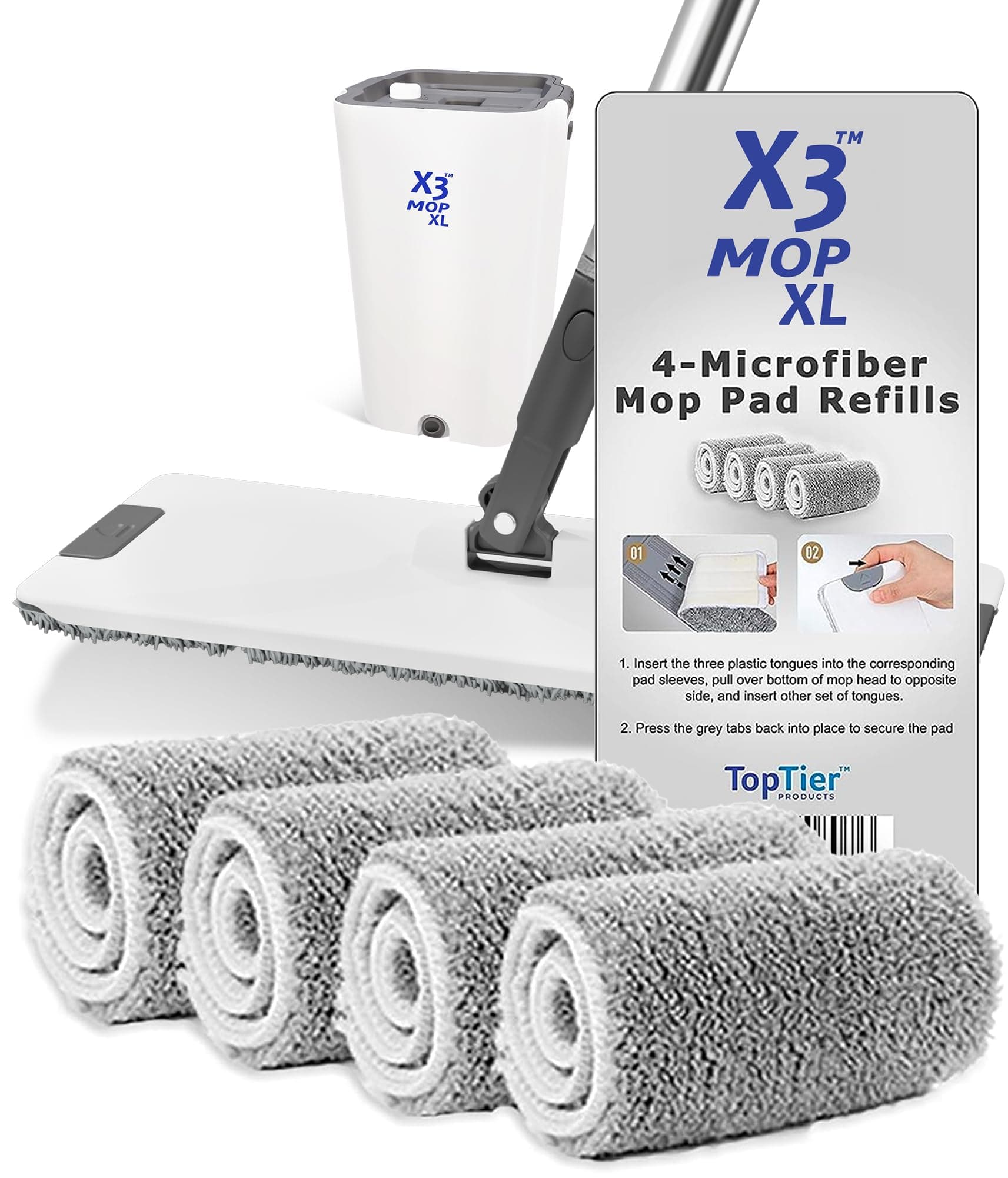 X3 Mop XL Replacement Microfiber Cleaning Pads, 4 Pack of Reusable Flat Mop Heads. (Pads fit X3 Mop XL Only)