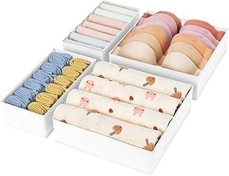 DIMJ 4 Pack Drawer Organizer for Clothes - Underwear Organiser, Foldable Fabric Dresser Organiser Bins, Sock Dividers for Bedroom Drawers Bedside Cabinet Closet Wardrobes, White