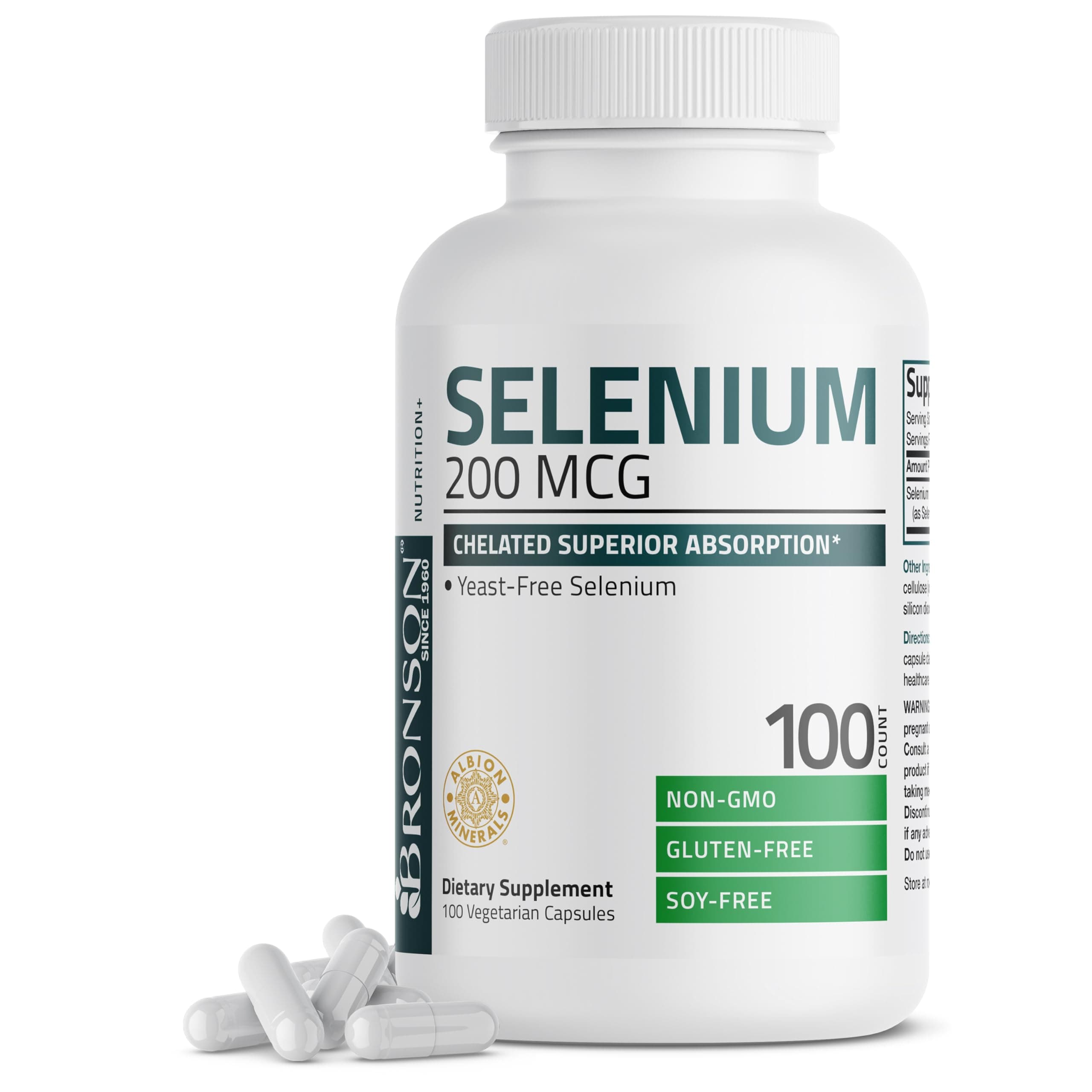 - Bronson Selenium 200 mcg – Yeast Free Chelated Amino Acid Complex - Essential Trace Mineral with Superior Absorption, 100 Vegetarian Capsules