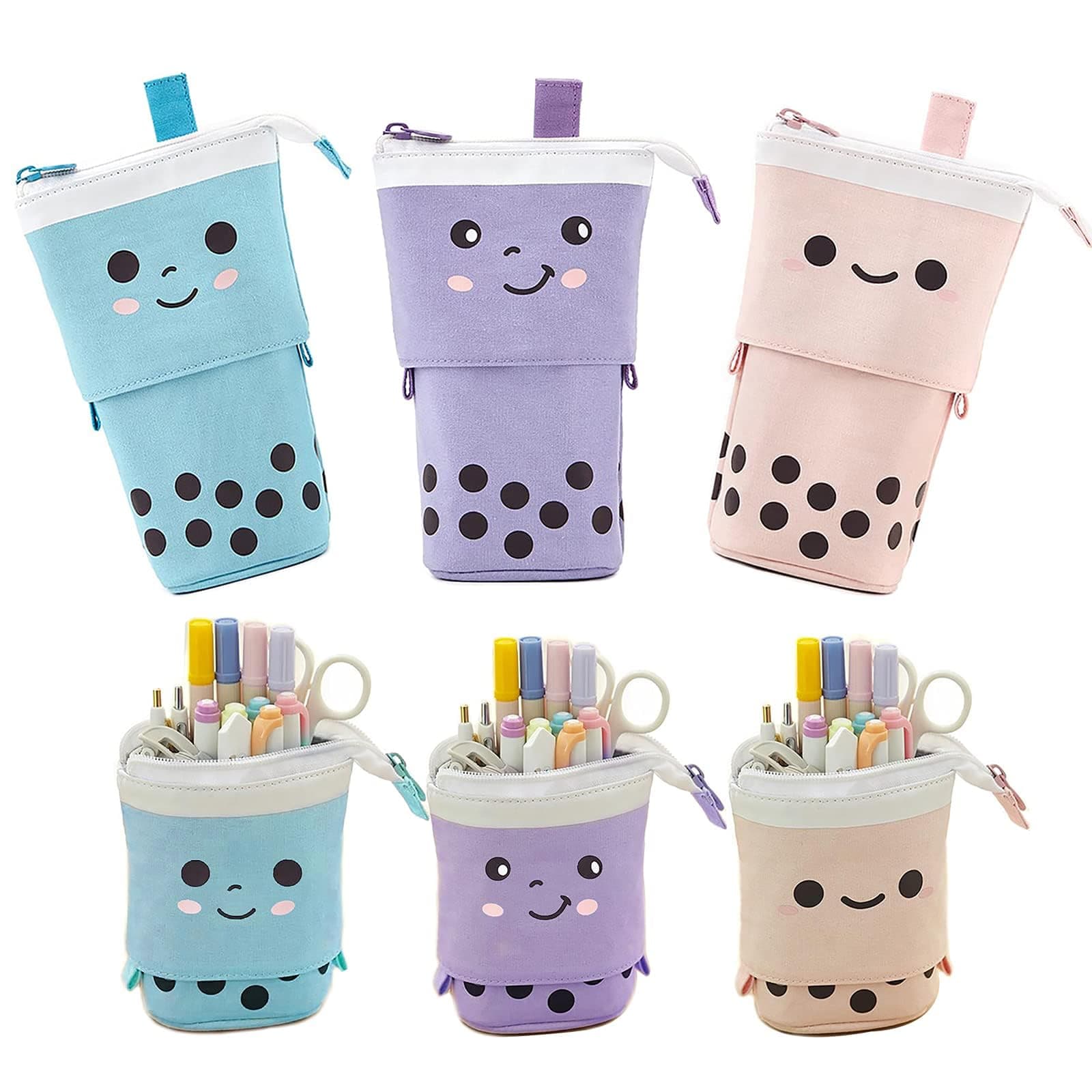 3 Pack Telescopic Pencil Pouch Bag Pop Up Pencil Case Stand Up Pen Holder Cute Polka Dot Canvas Pen Bag, Standing Stationery Case Holder for Students Boys Girls Adult