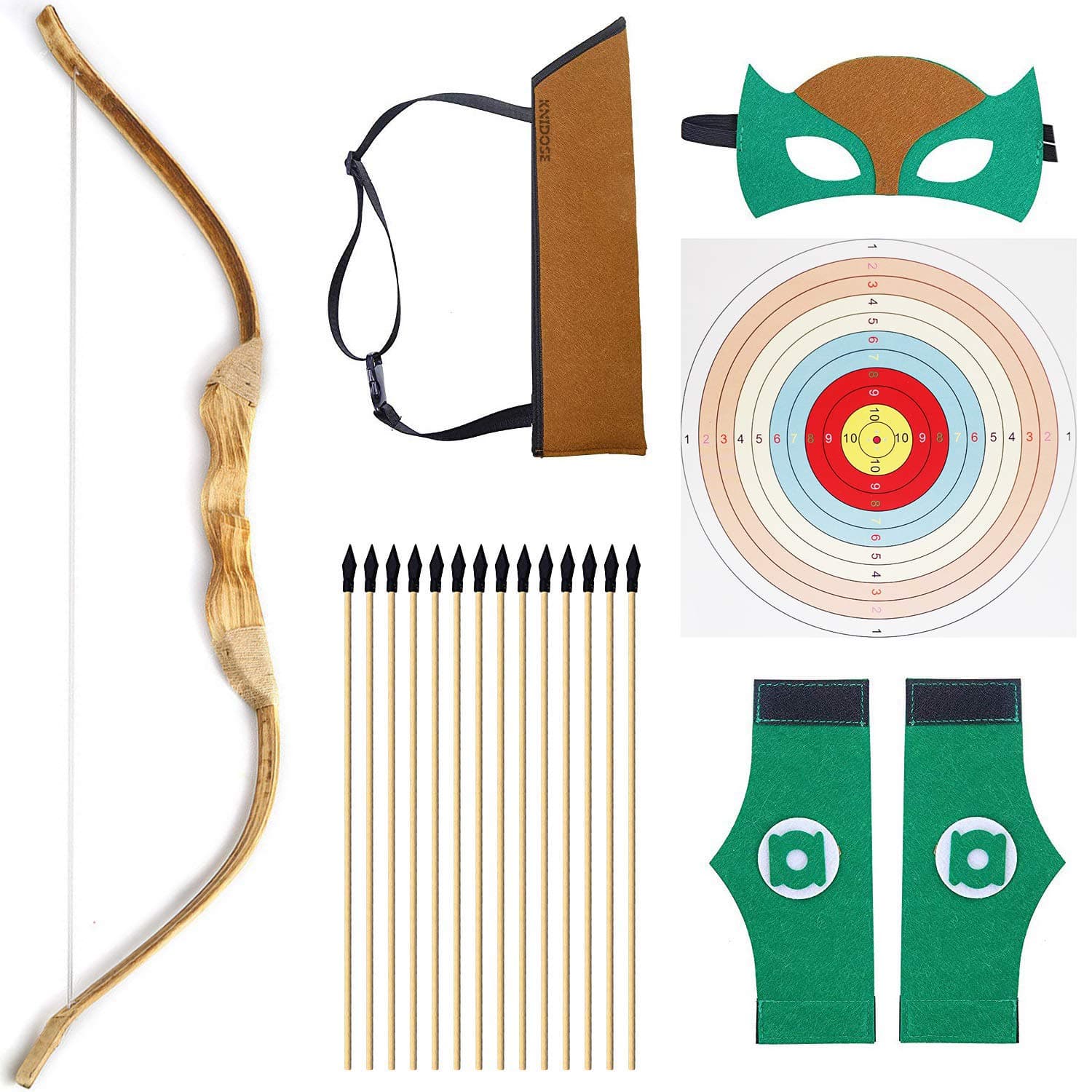 Beginners Bow and Arrow For Kids - 35 Pc Archery Set Outdoor or Indoor| Wooden 32” Bow, 15 Safety Rubber Tip 18” Arrows, 15 Target Sheets, 1 Quiver, 2 Wristband, 1 Mask for Cosplay Costume Toy