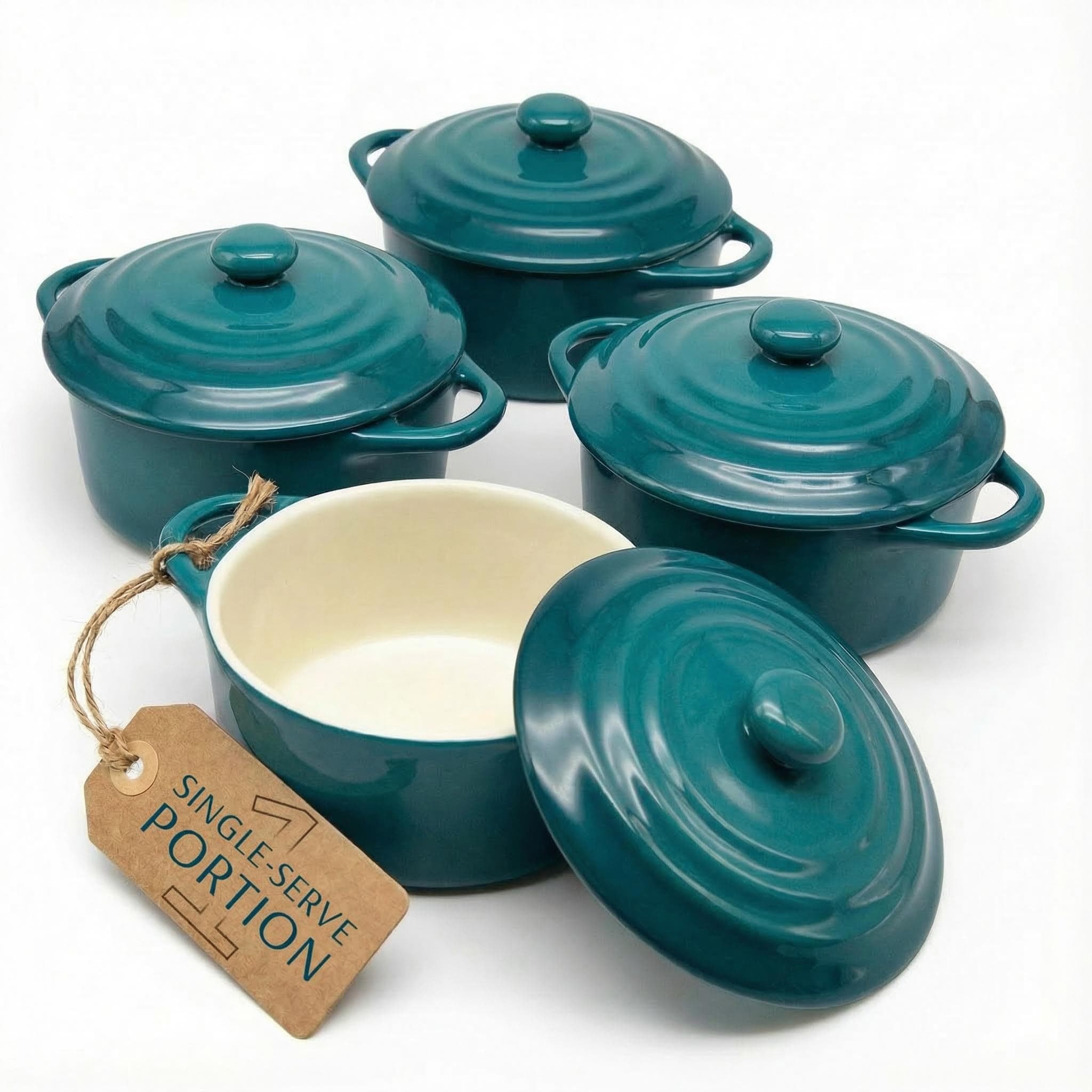 Kook Ceramic Mini Cocotte Set, Small Casserole Dishes with Lids and Handles, Individual Baking Ramekins, Oven Safe 350F, Microwave & Dishwasher Safe, Stoneware, 12 oz, Set of 4, (Aqua Ombre)