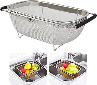 Over The Sink Colander Strainer Basket Stainless Steel, for Kitchen Sink with Rubber Grip, Fine Mesh Stainless Steel, Large, Expandable Metal Strainer, 18X15X8 Cm, Silver