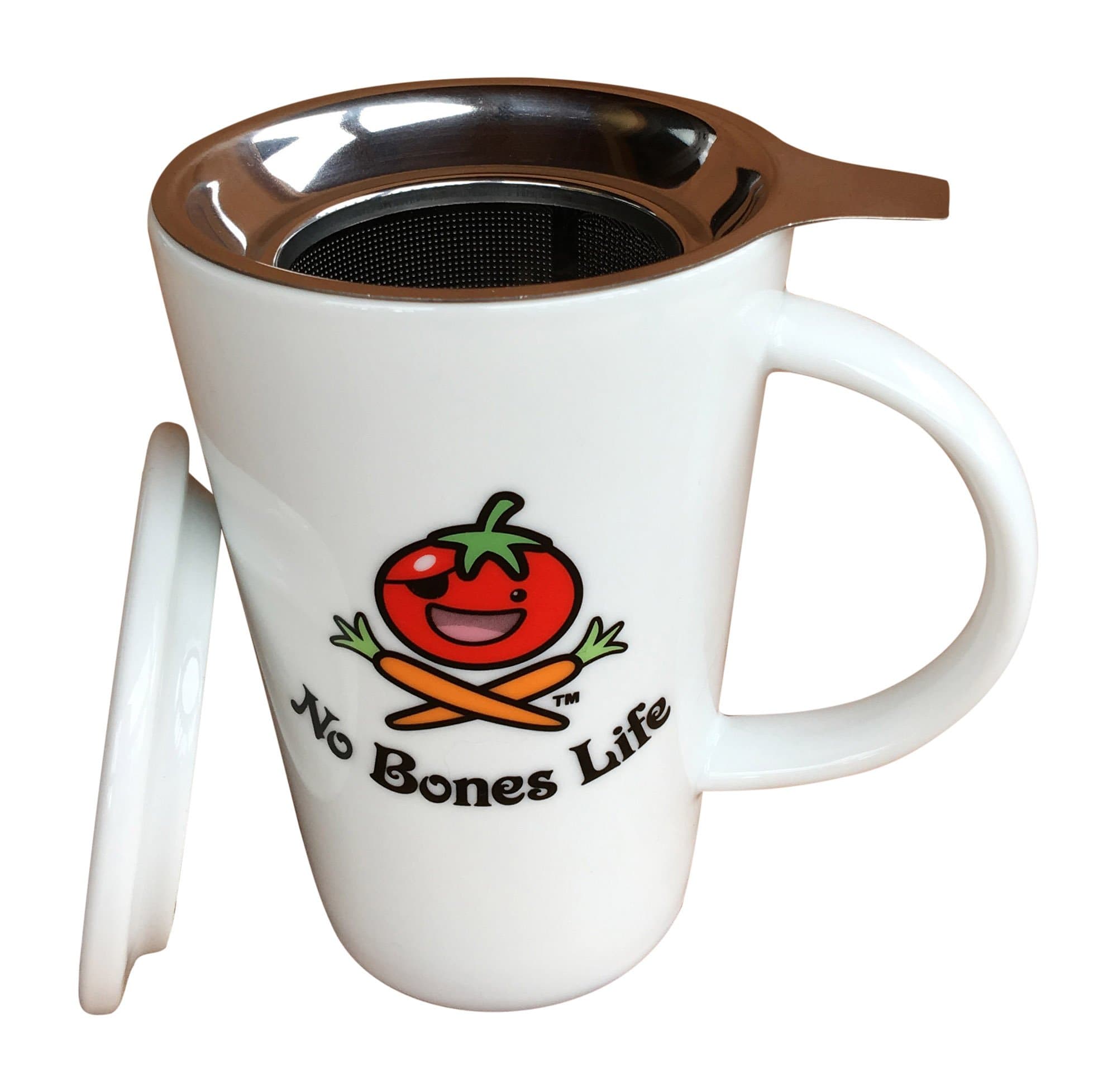 No Bones Life Tea Mug with Infuser and Lid - 12 oz Porcelain Loose Leaf Tea Cup and Infuser Basket