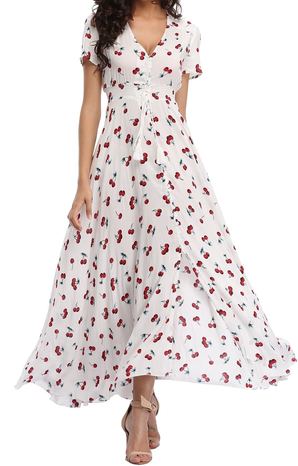 Mussin Women's Button Up Split Floral Print Long Maxi Summer Dress, Size XXL, Cherry White