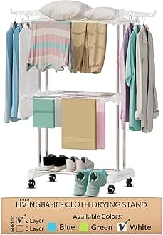 LIVINGBASICS 2 Layer Finest Clothes Stand for Drying/Cloth Drying Stand/Cloth Stand for Drying Clothes Foldable/Cloth Drying Stand for Balcony/Stainless Steel Hanging Dress Dryer Rack (Snow White)