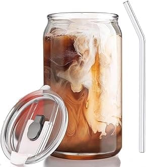 Iced Coffee Drinking Glasses with Lids and Glass Straw, 500ml Beer Can Glass Can Shaped Tumbler Cup for Whiskey, Tea, Water, Soda, Cocktail Gift (Pack of 1) (Coco - 1)