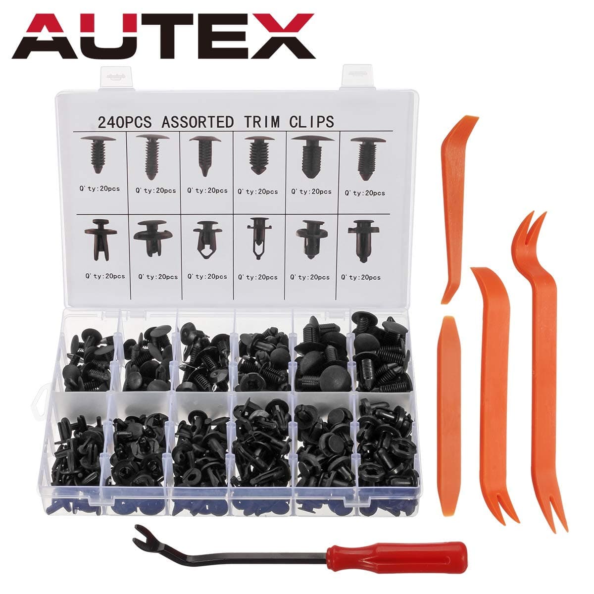 AUTEX Trim Clips, 240pcs Universal Mounting Clips for your Car, Door Panel Brackets Bumpers Push Pin Rivets Clip Set with 4 pcs trim strips set, and a lever tool